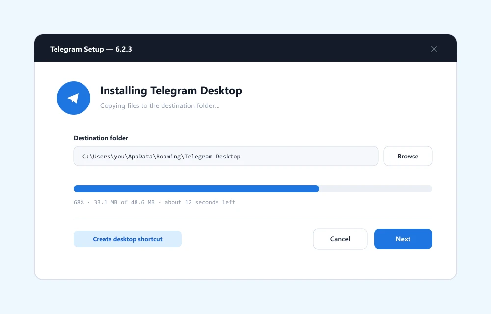 Telegram Windows Setup-Assistent während der Installation